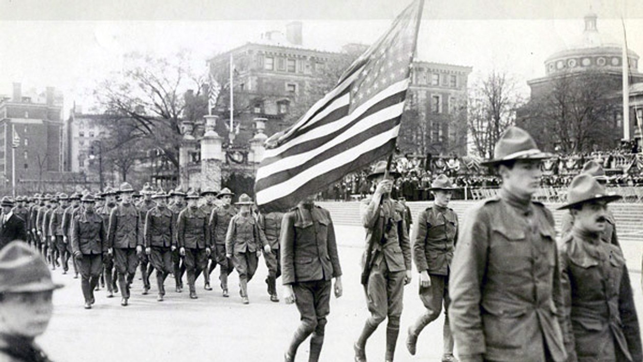 Formation of soldiers marching on West 116th Street